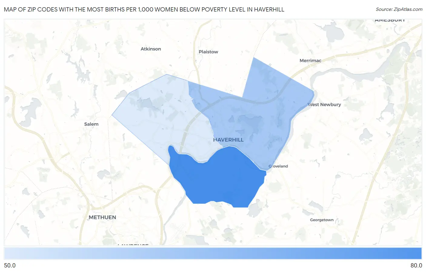Zip Codes with the Most Births per 1,000 Women Below Poverty Level in Haverhill Map