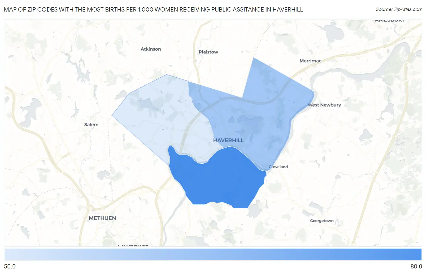 Zip Codes with the Most Births per 1,000 Women Receiving Public Assitance in Haverhill Map