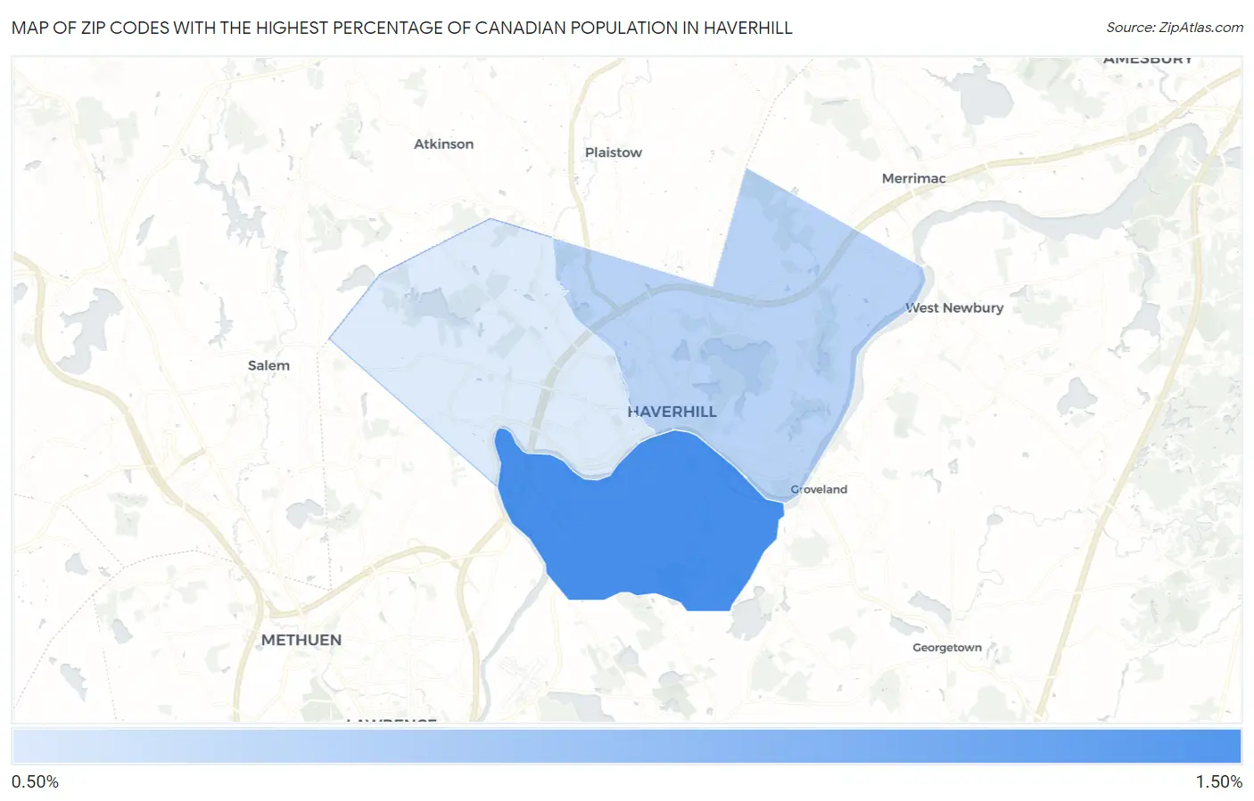 Zip Codes with the Highest Percentage of Canadian Population in Haverhill Map