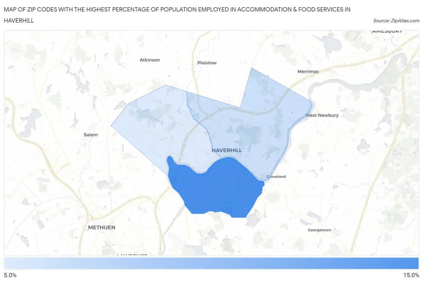 Zip Codes with the Highest Percentage of Population Employed in Accommodation & Food Services in Haverhill Map