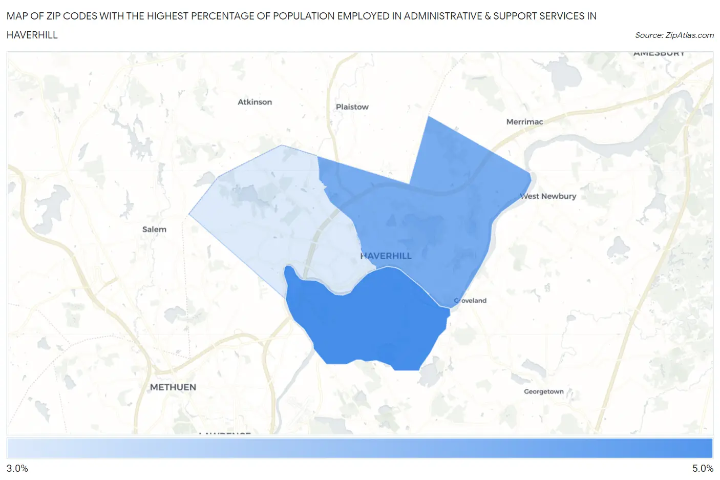 Zip Codes with the Highest Percentage of Population Employed in Administrative & Support Services in Haverhill Map