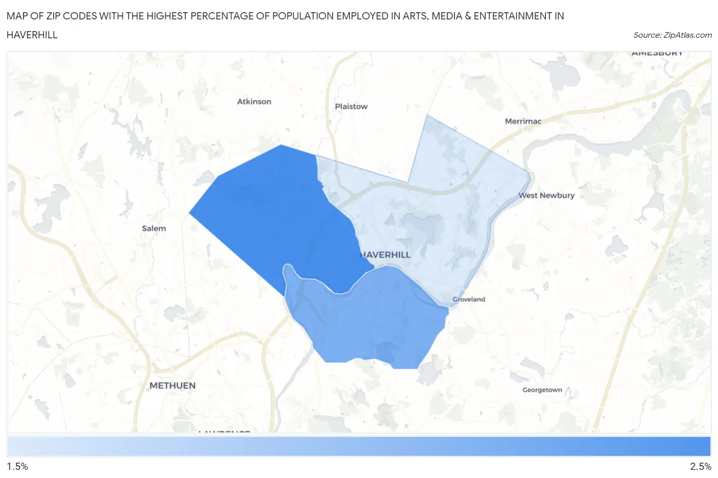 Zip Codes with the Highest Percentage of Population Employed in Arts, Media & Entertainment in Haverhill Map