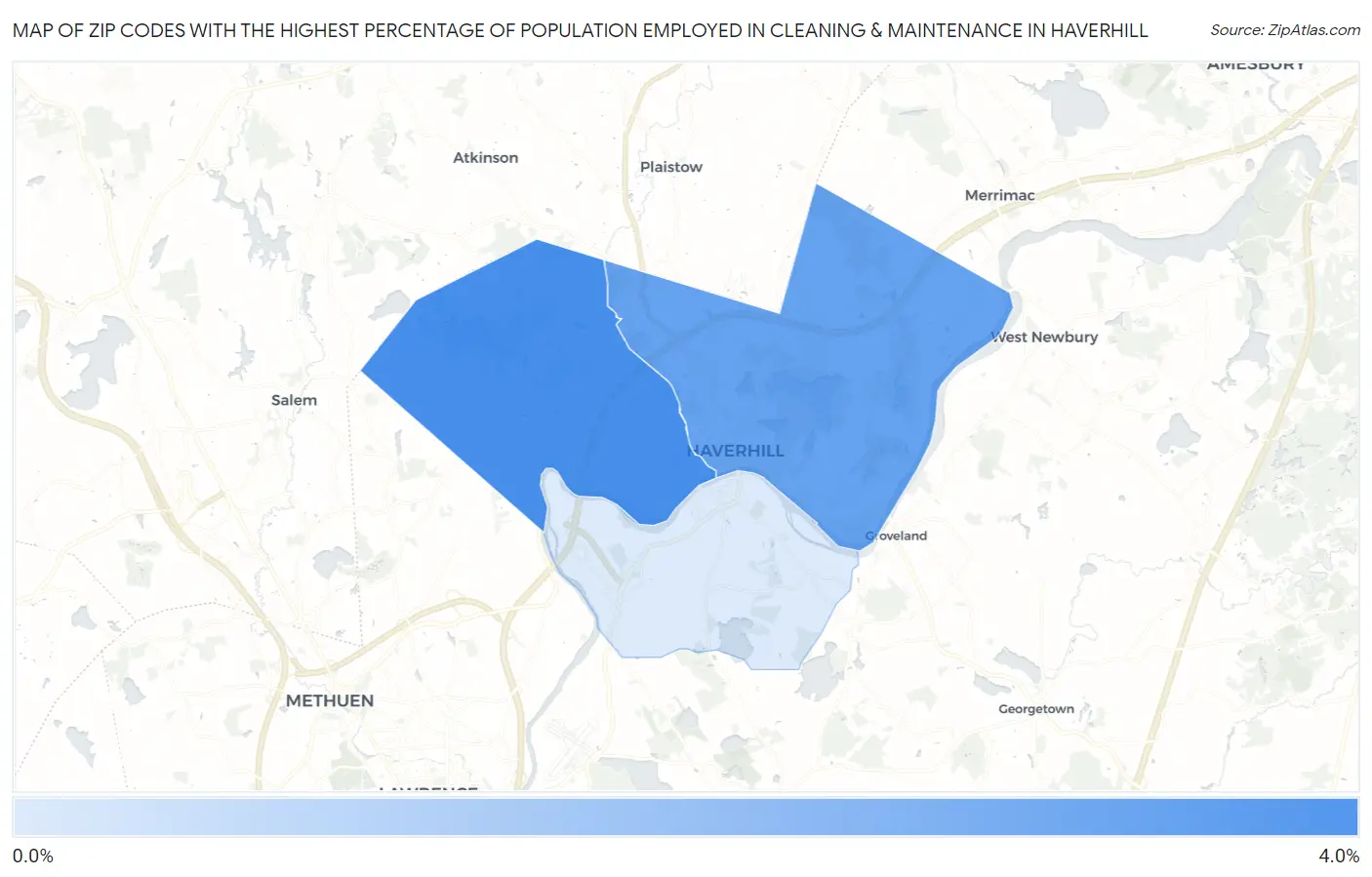 Zip Codes with the Highest Percentage of Population Employed in Cleaning & Maintenance in Haverhill Map