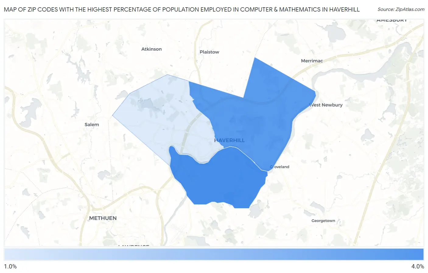Zip Codes with the Highest Percentage of Population Employed in Computer & Mathematics in Haverhill Map
