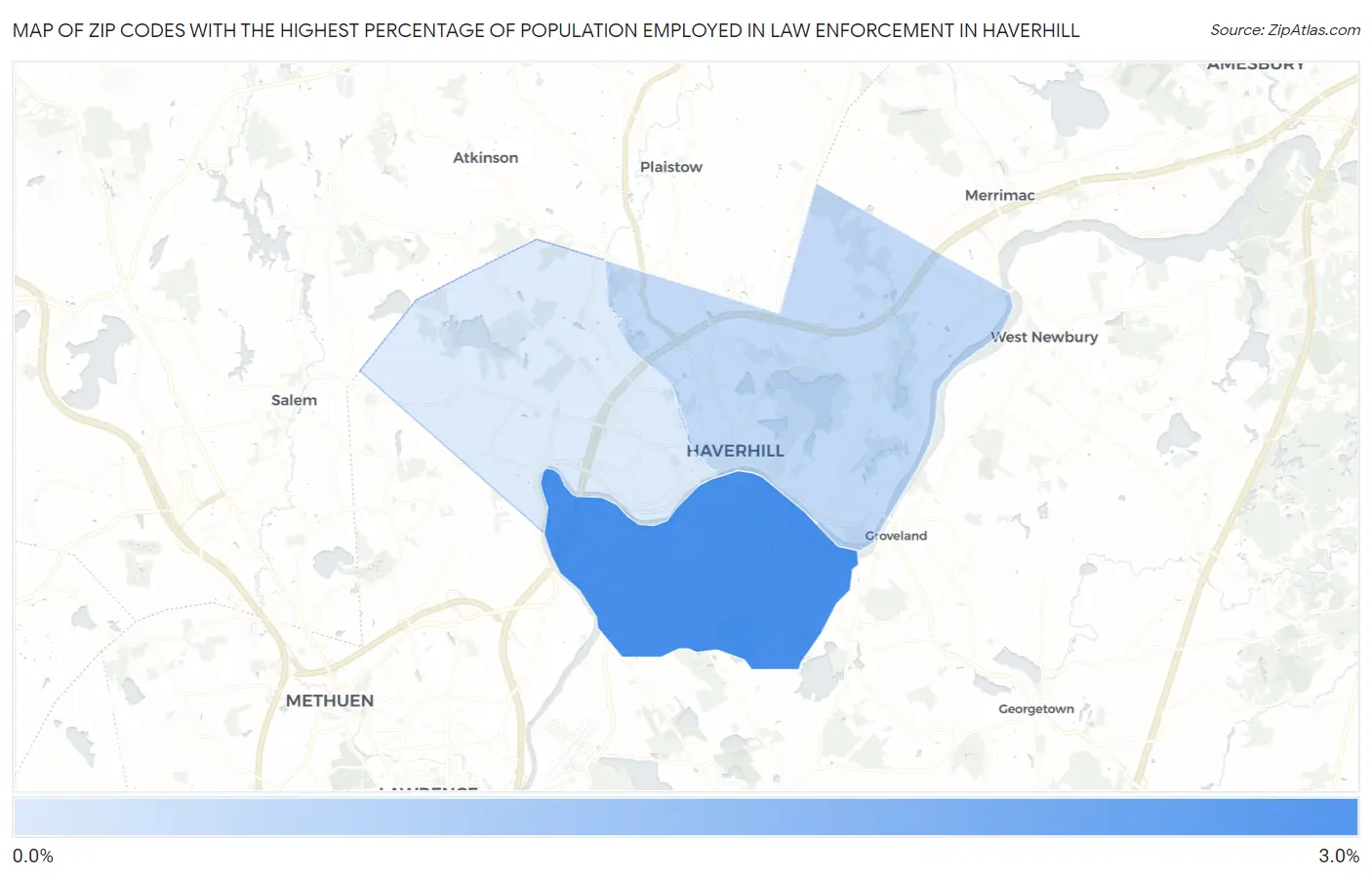 Zip Codes with the Highest Percentage of Population Employed in Law Enforcement in Haverhill Map