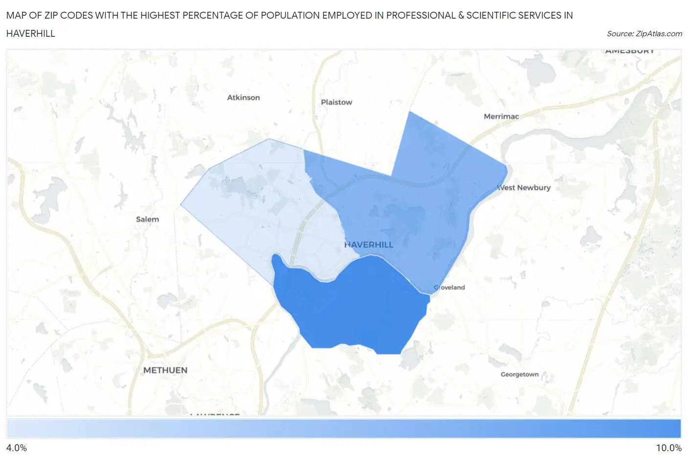 Zip Codes with the Highest Percentage of Population Employed in Professional & Scientific Services in Haverhill Map