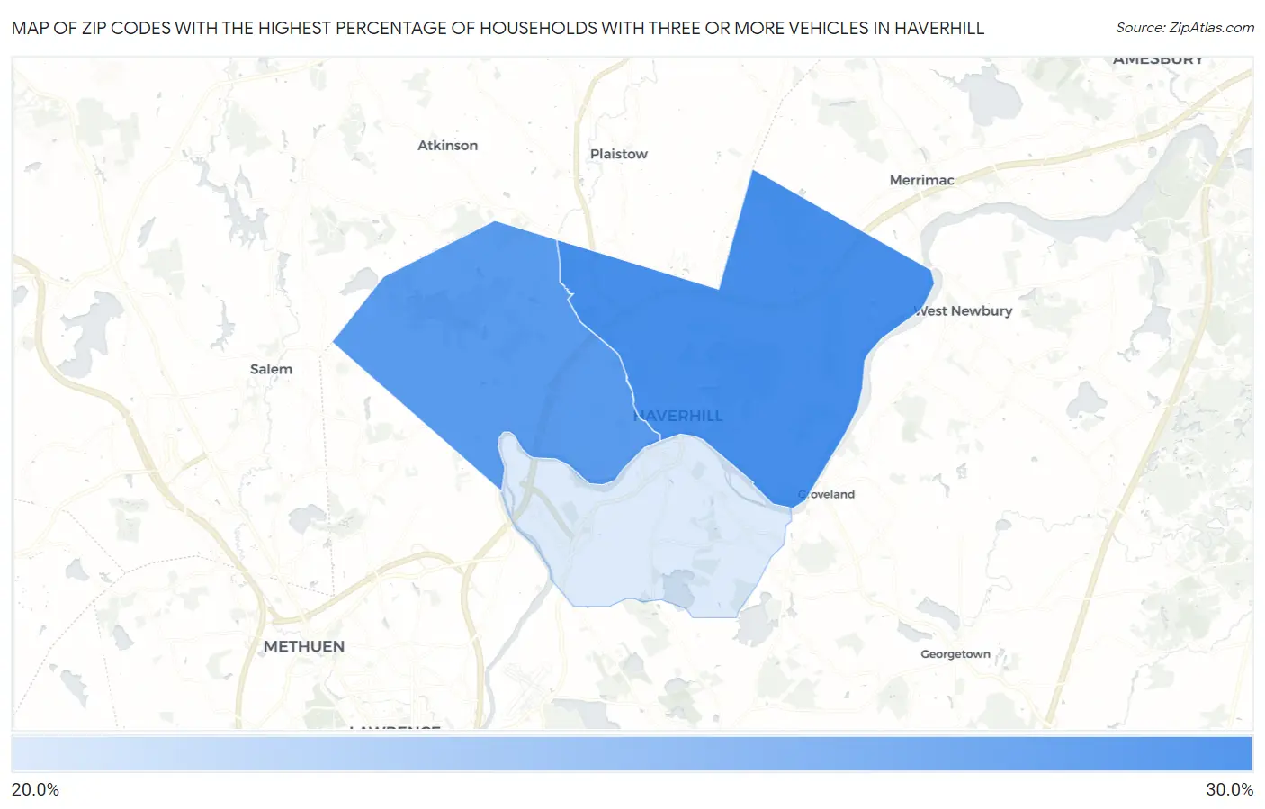 Zip Codes with the Highest Percentage of Households With Three or more Vehicles in Haverhill Map