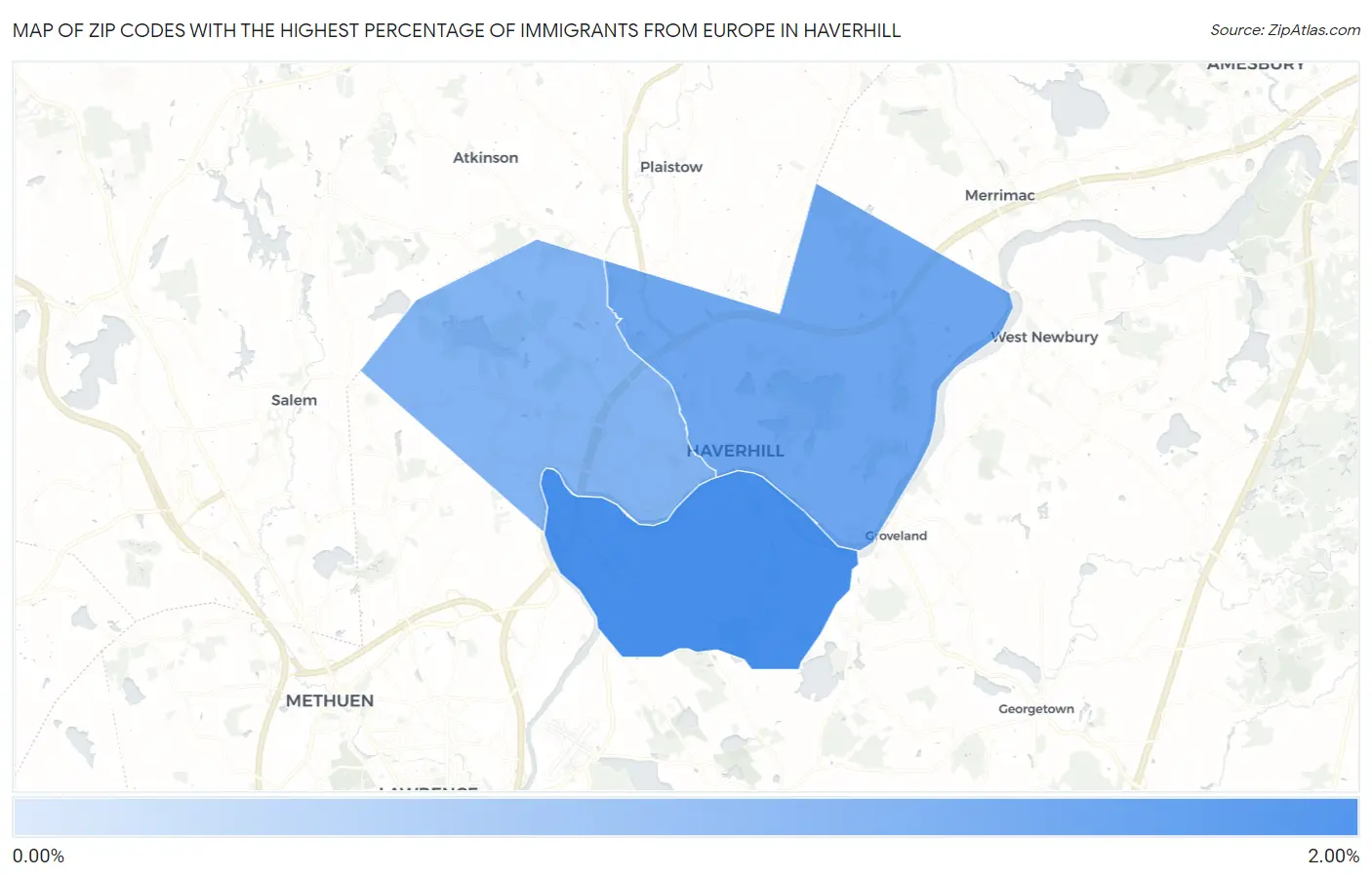 Zip Codes with the Highest Percentage of Immigrants from Europe in Haverhill Map