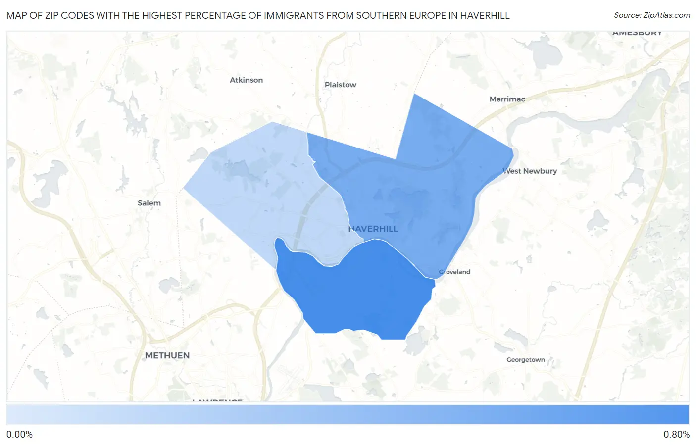 Zip Codes with the Highest Percentage of Immigrants from Southern Europe in Haverhill Map