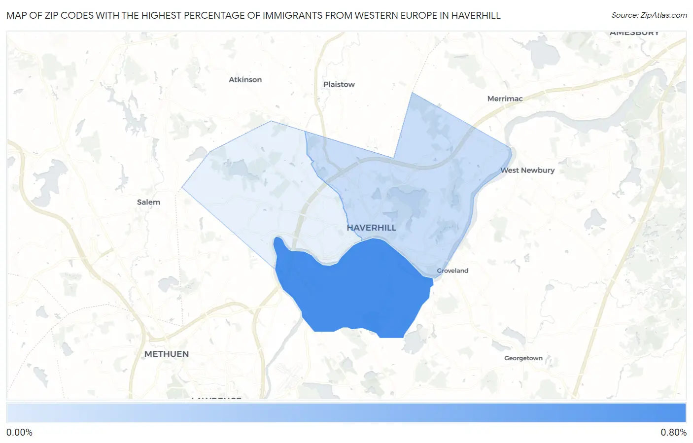 Zip Codes with the Highest Percentage of Immigrants from Western Europe in Haverhill Map