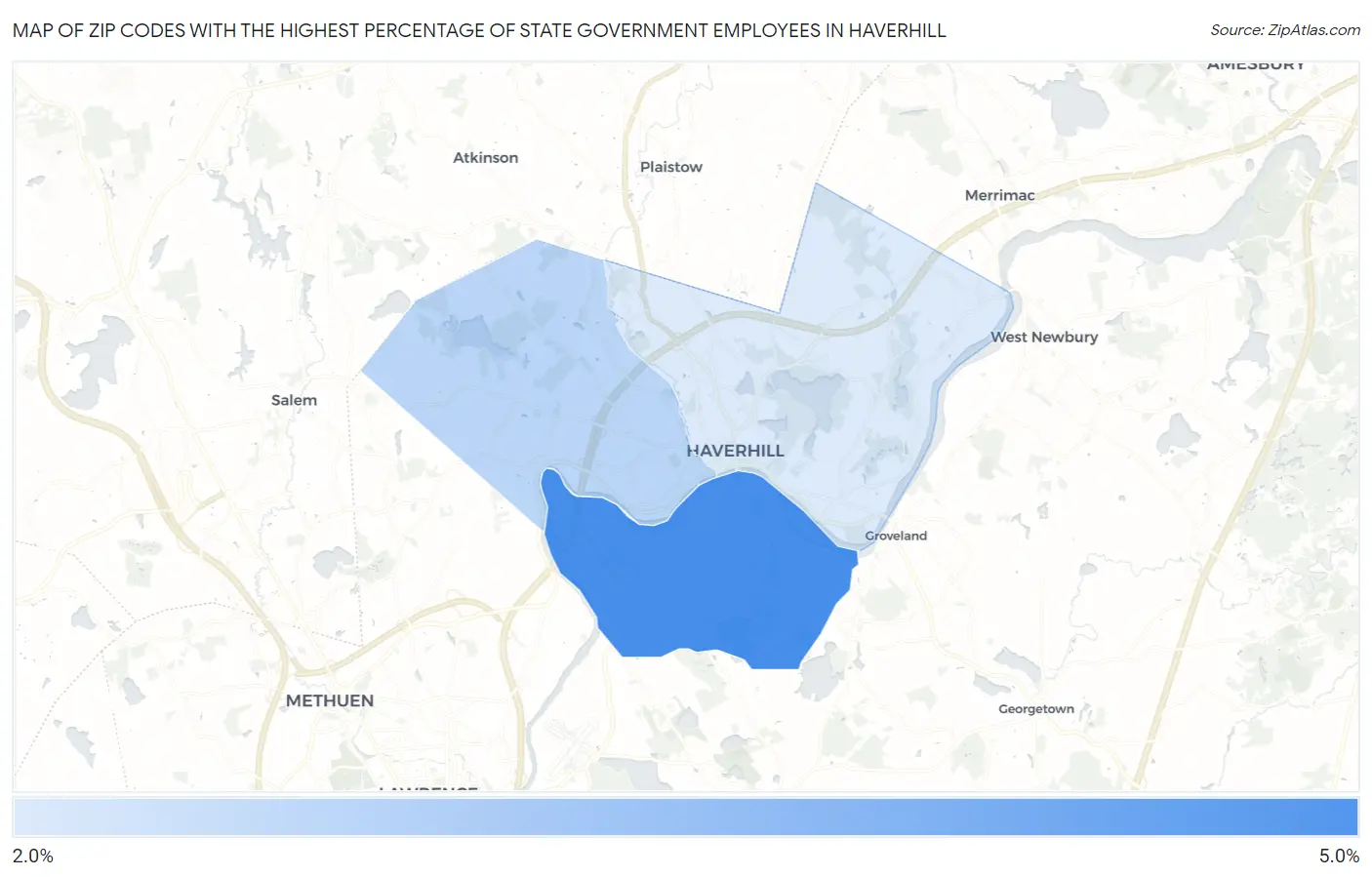 Zip Codes with the Highest Percentage of State Government Employees in Haverhill Map