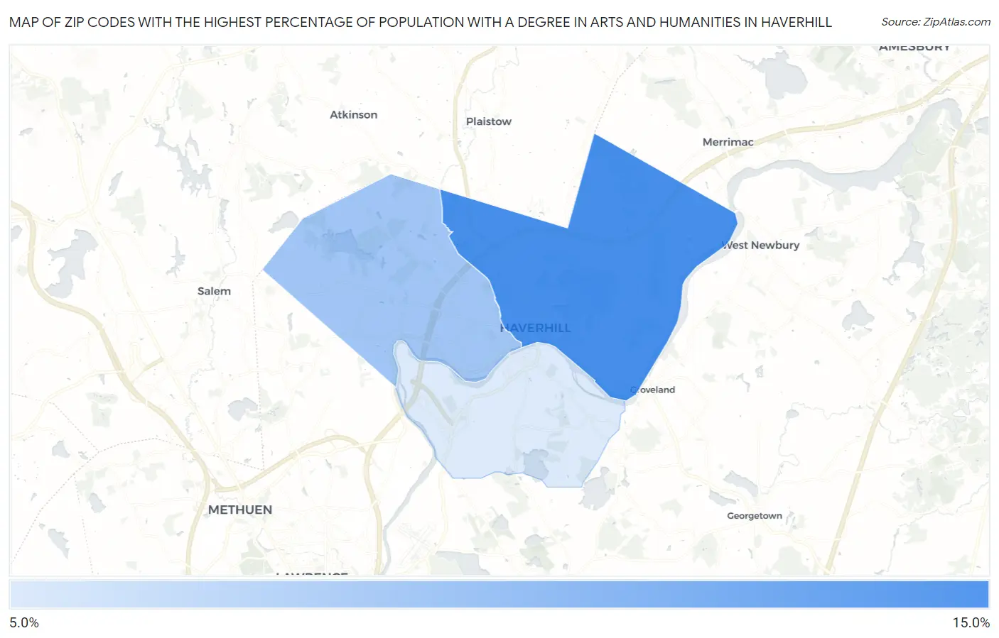 Zip Codes with the Highest Percentage of Population with a Degree in Arts and Humanities in Haverhill Map