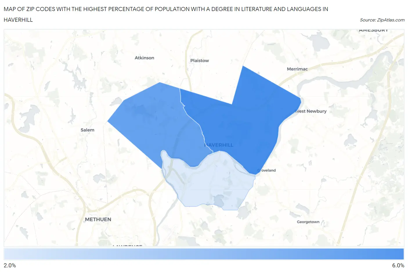 Zip Codes with the Highest Percentage of Population with a Degree in Literature and Languages in Haverhill Map