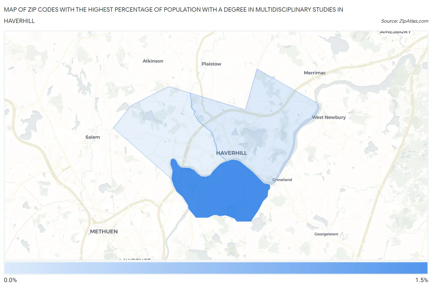 Zip Codes with the Highest Percentage of Population with a Degree in Multidisciplinary Studies in Haverhill Map