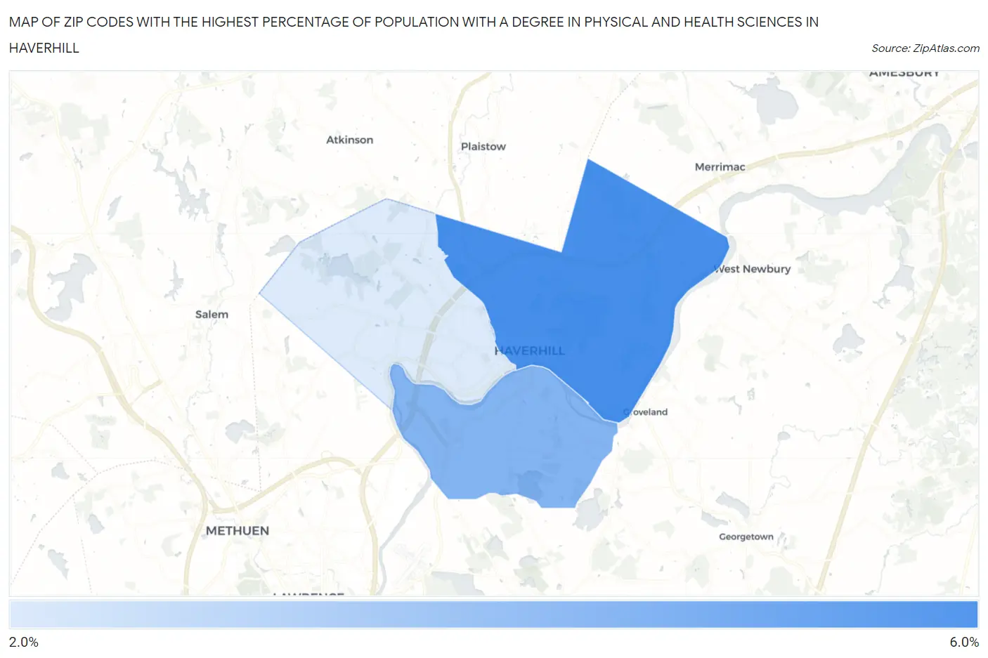 Zip Codes with the Highest Percentage of Population with a Degree in Physical and Health Sciences in Haverhill Map