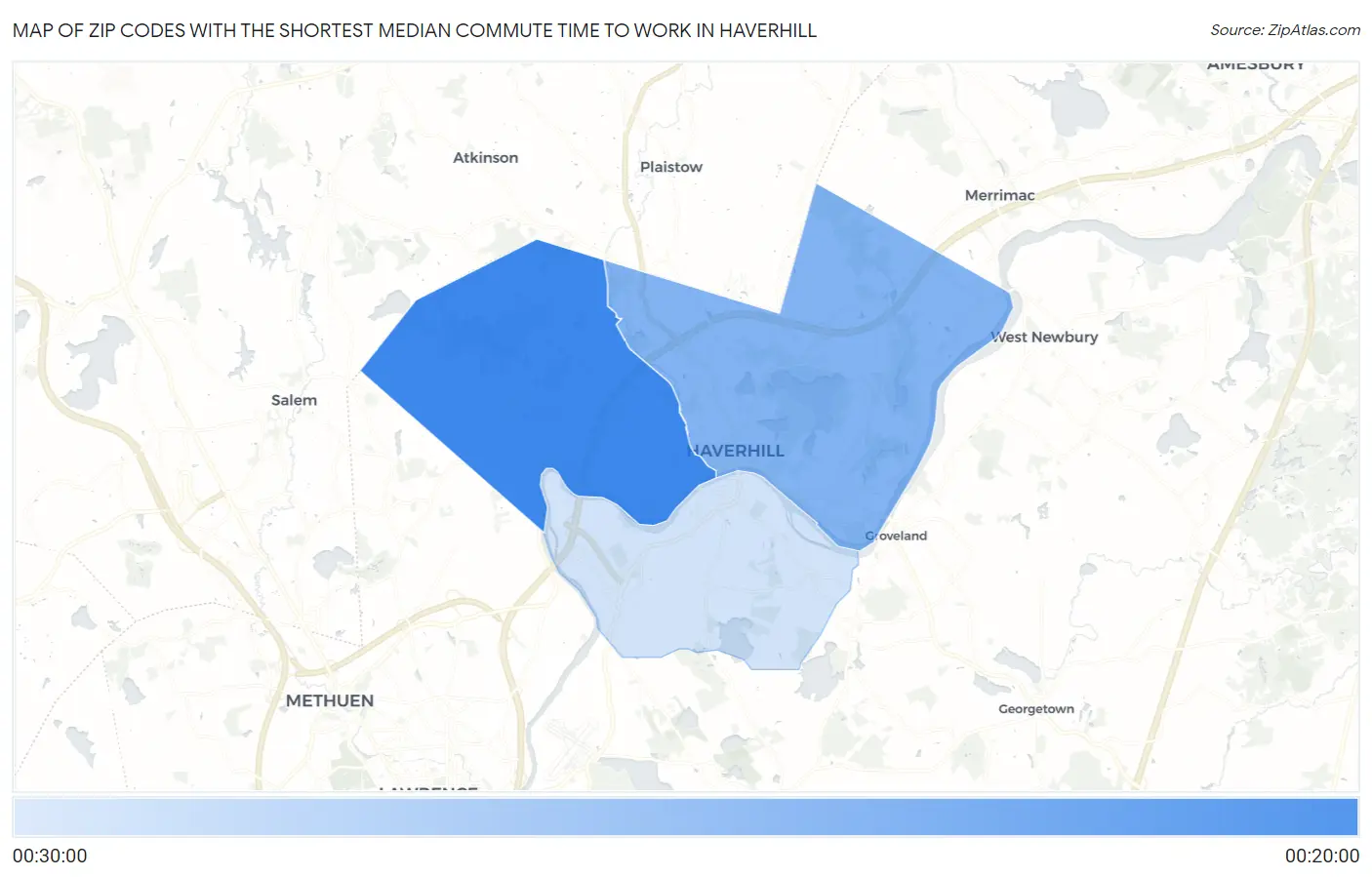 Zip Codes with the Shortest Median Commute Time to Work in Haverhill Map