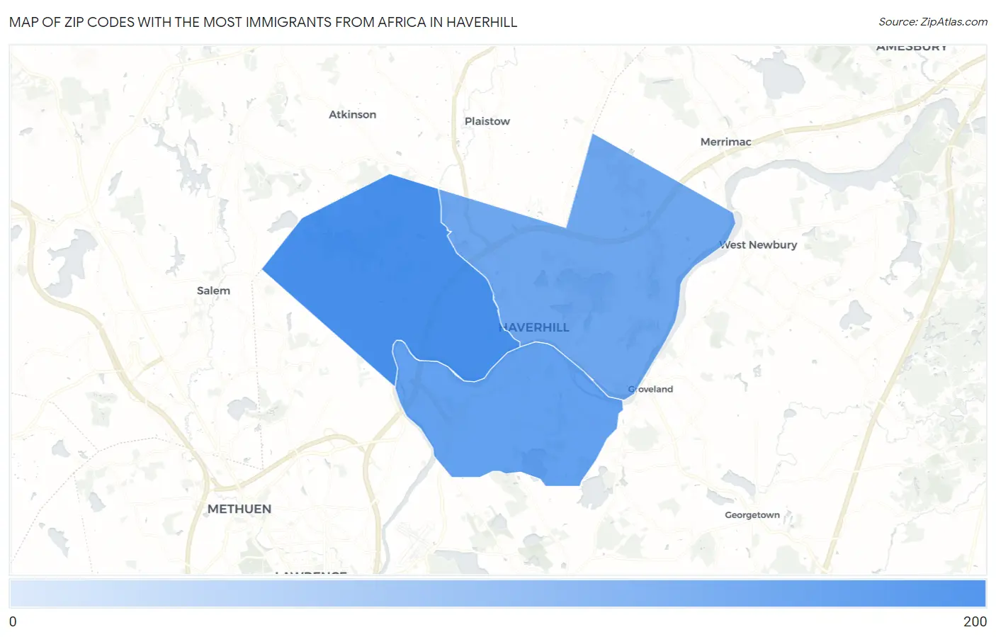 Zip Codes with the Most Immigrants from Africa in Haverhill Map