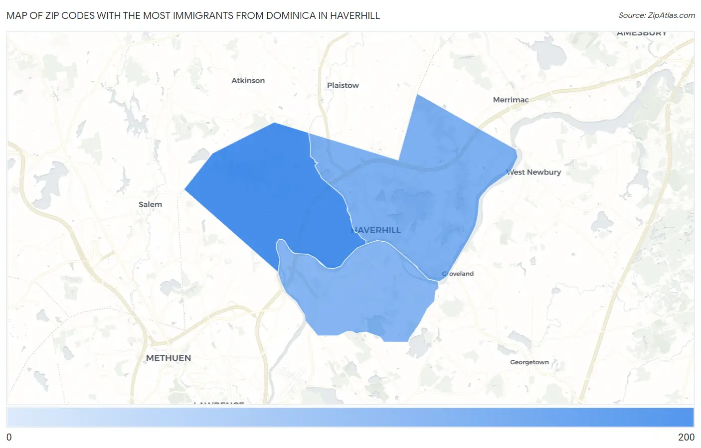 Zip Codes with the Most Immigrants from Dominica in Haverhill Map