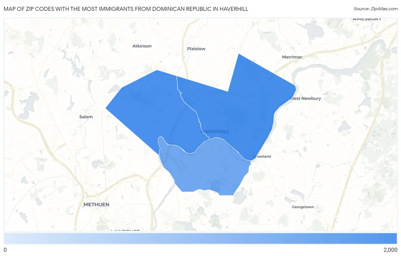 Zip Codes with the Most Immigrants from Dominican Republic in Haverhill Map