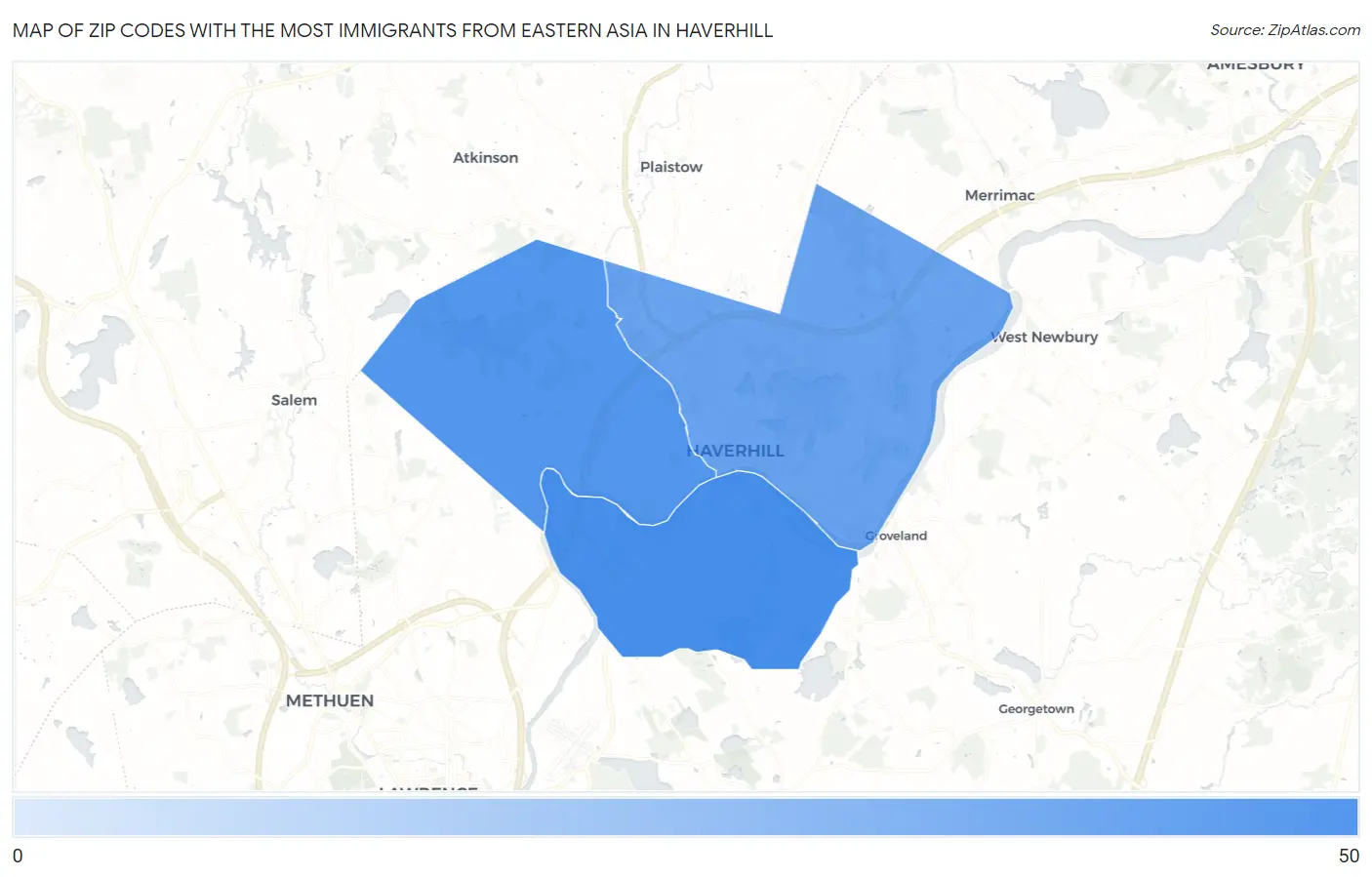 Zip Codes with the Most Immigrants from Eastern Asia in Haverhill Map