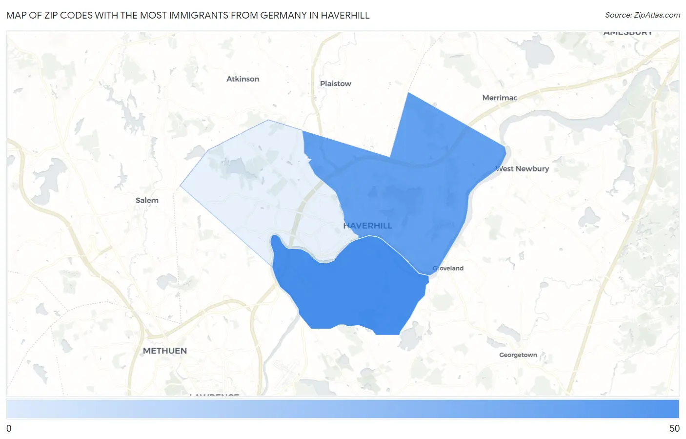 Zip Codes with the Most Immigrants from Germany in Haverhill Map