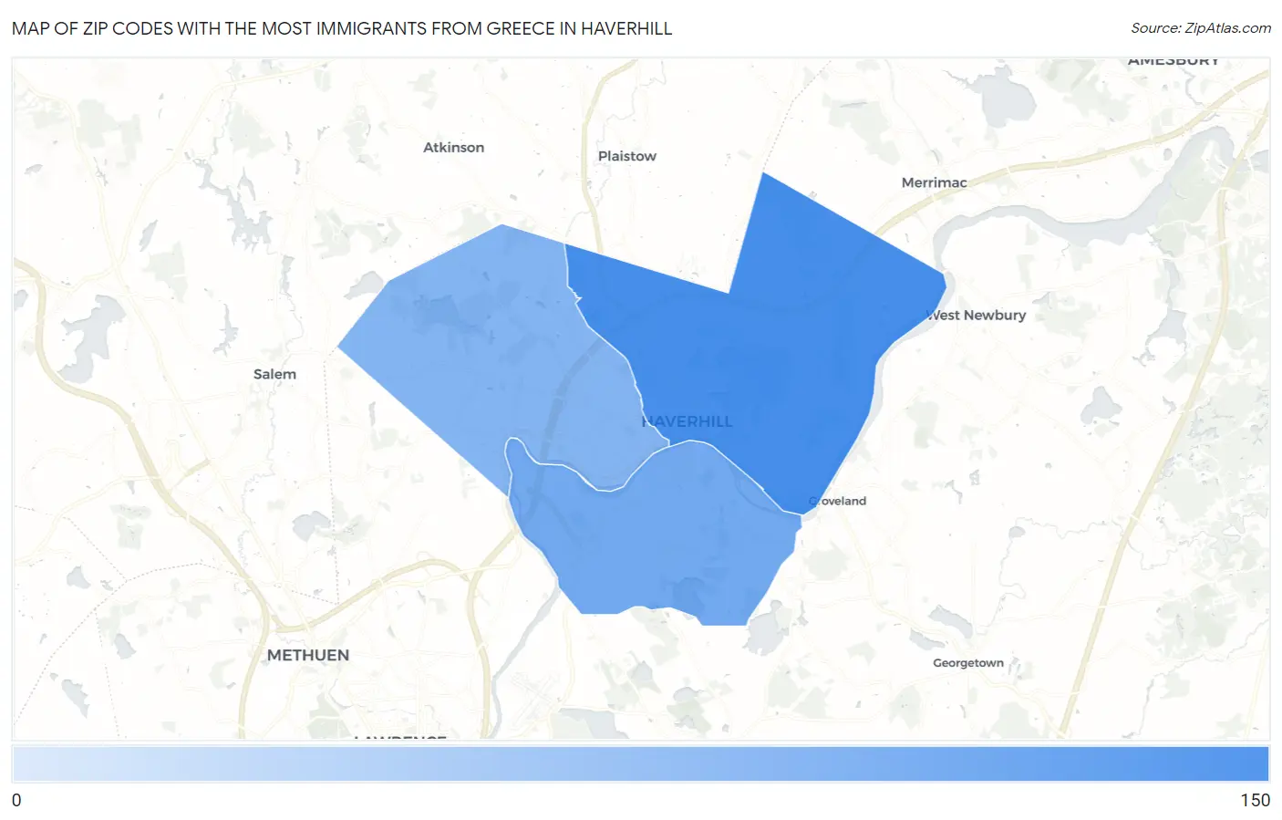 Zip Codes with the Most Immigrants from Greece in Haverhill Map