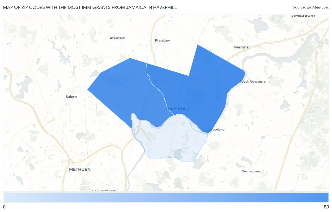 Zip Codes with the Most Immigrants from Jamaica in Haverhill Map