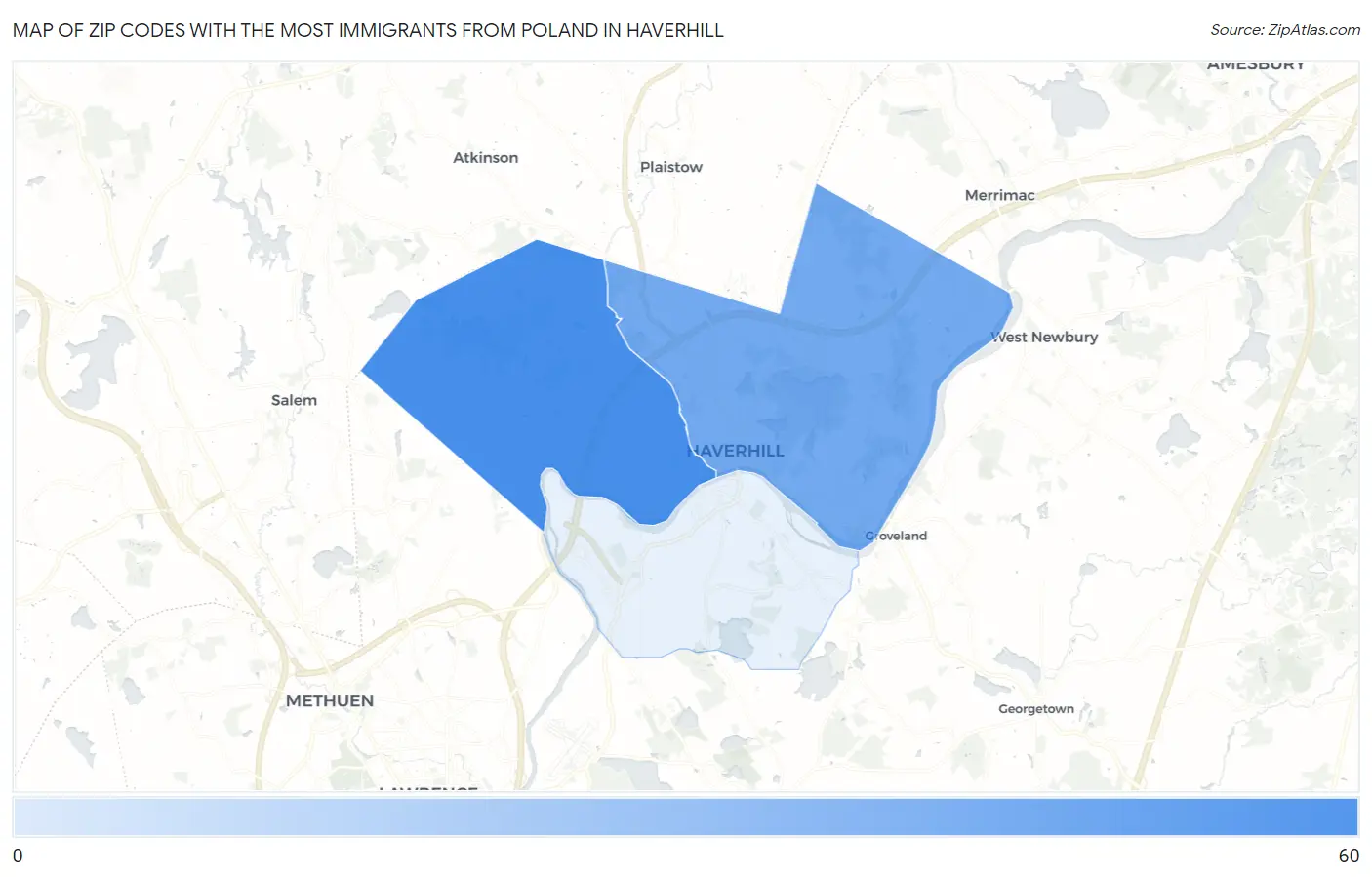 Zip Codes with the Most Immigrants from Poland in Haverhill Map