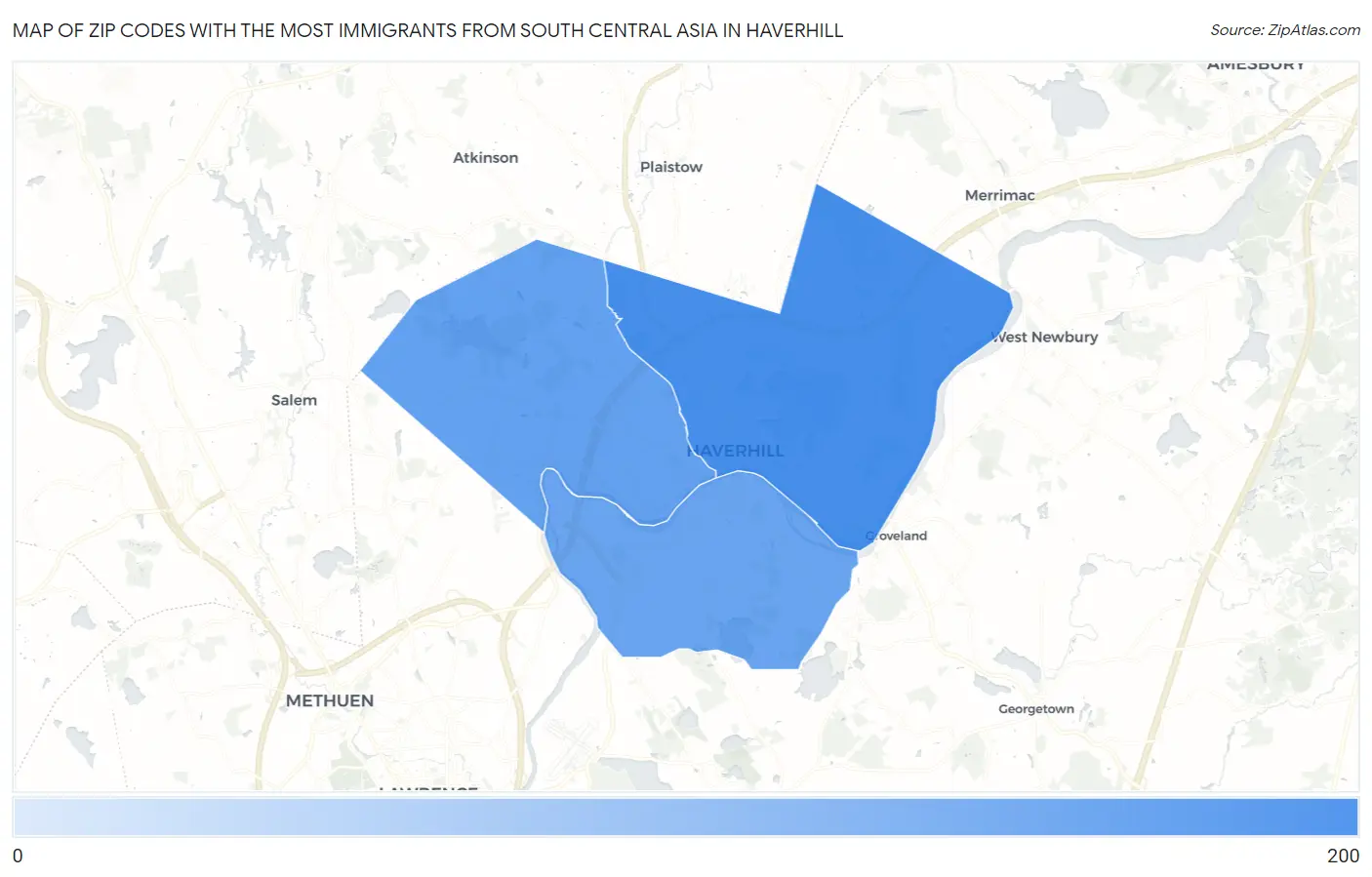 Zip Codes with the Most Immigrants from South Central Asia in Haverhill Map