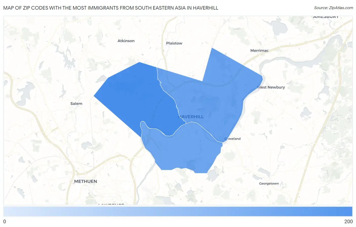 Zip Codes with the Most Immigrants from South Eastern Asia in Haverhill Map