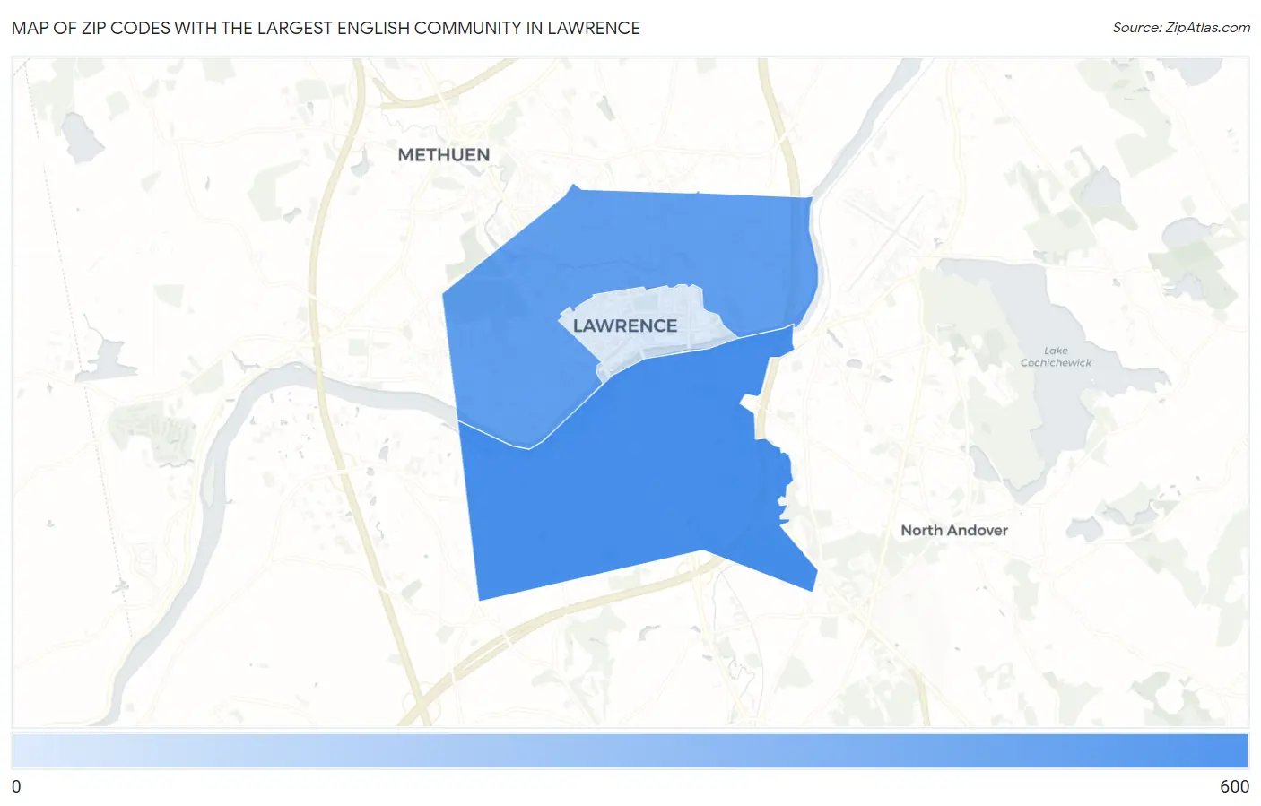 Zip Codes with the Largest English Community in Lawrence Map
