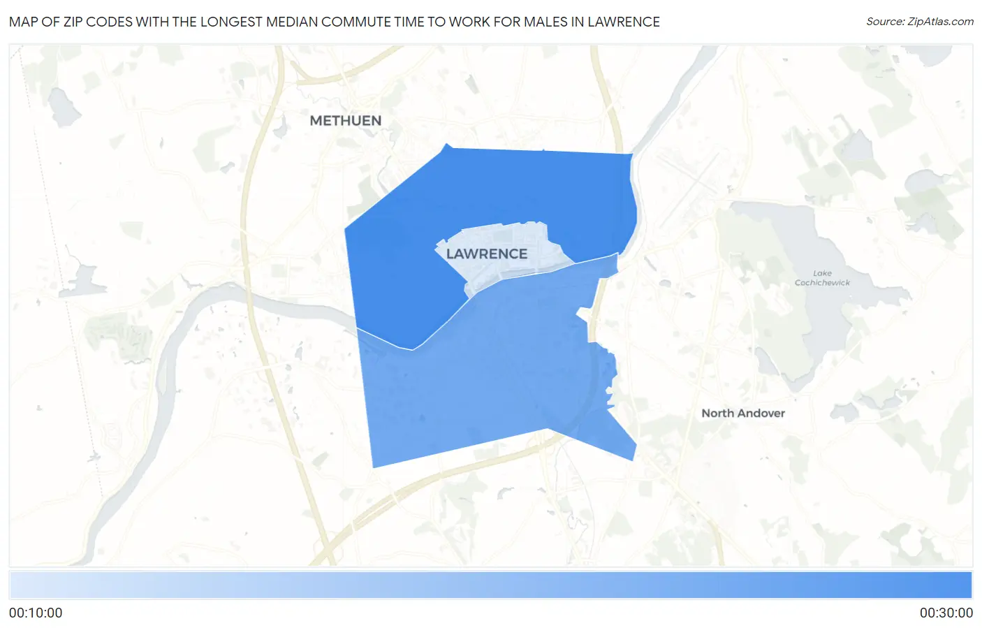 Zip Codes with the Longest Median Commute Time to Work for Males in Lawrence Map