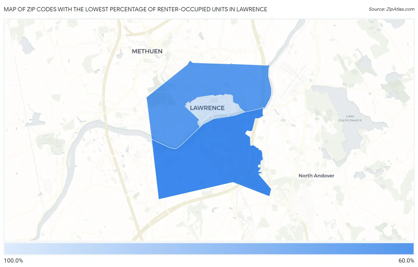 Zip Codes with the Lowest Percentage of Renter-Occupied Units in Lawrence Map