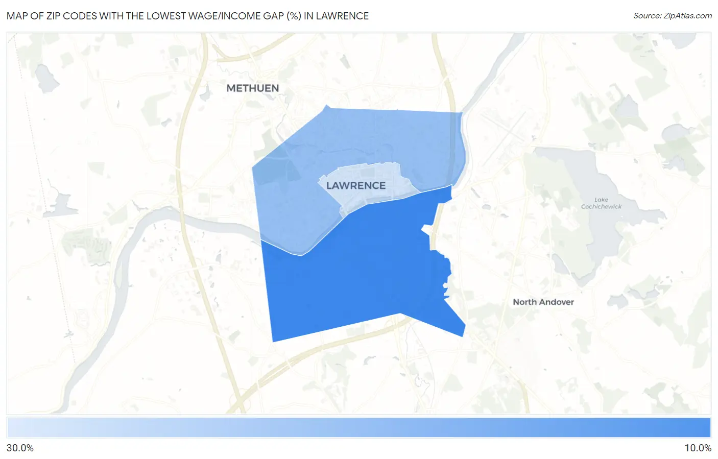 Zip Codes with the Lowest Wage/Income Gap (%) in Lawrence Map
