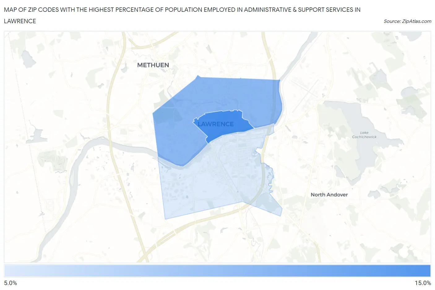 Zip Codes with the Highest Percentage of Population Employed in Administrative & Support Services in Lawrence Map