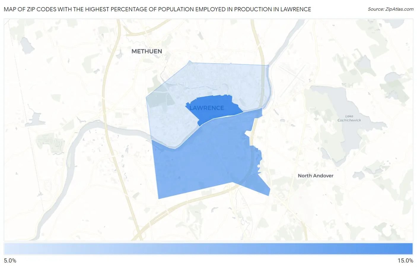 Zip Codes with the Highest Percentage of Population Employed in Production in Lawrence Map