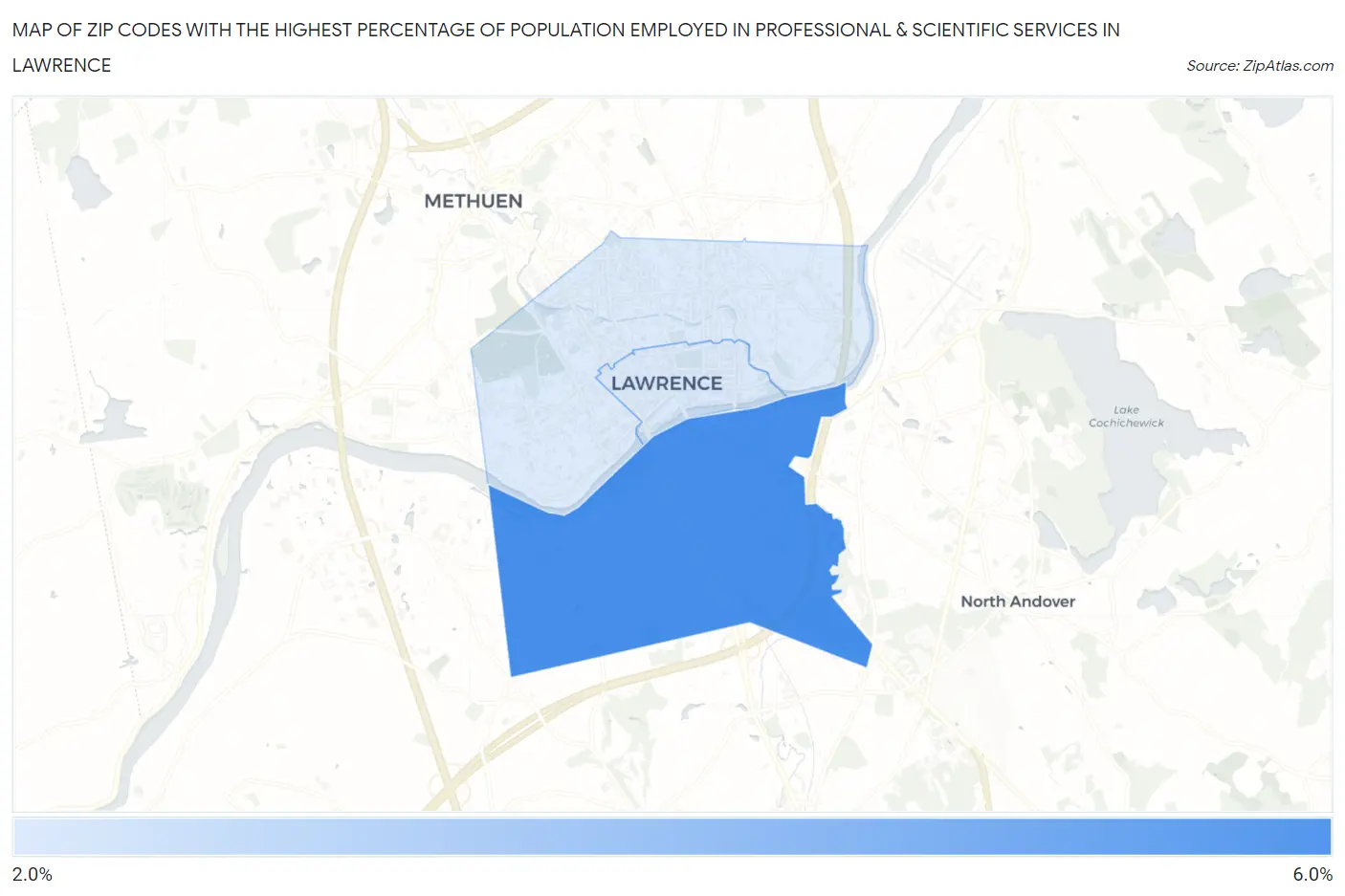 Zip Codes with the Highest Percentage of Population Employed in Professional & Scientific Services in Lawrence Map
