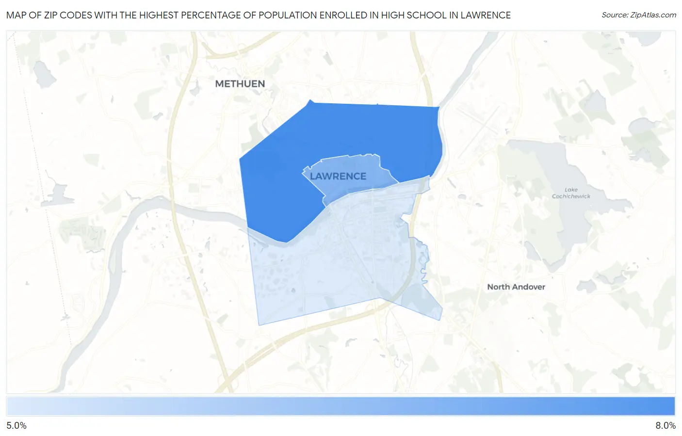 Zip Codes with the Highest Percentage of Population Enrolled in High School in Lawrence Map