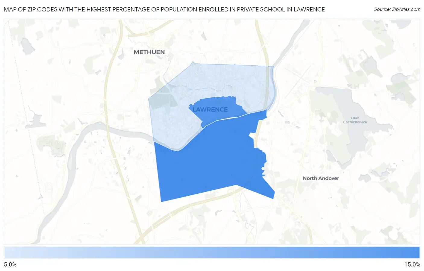 Zip Codes with the Highest Percentage of Population Enrolled in Private School in Lawrence Map