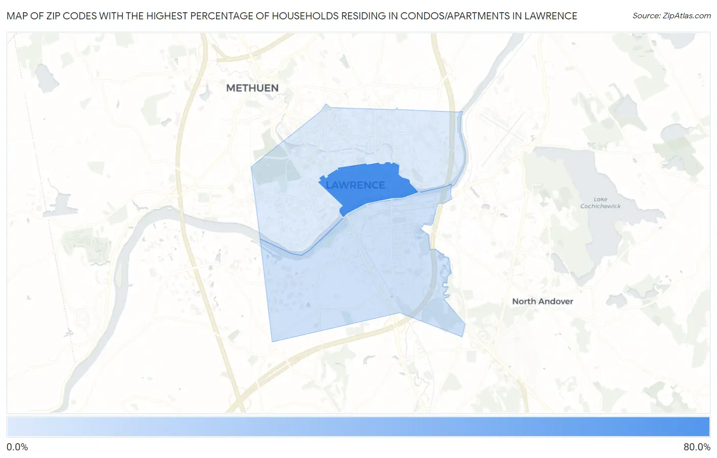 Zip Codes with the Highest Percentage of Households Residing in Condos/Apartments in Lawrence Map