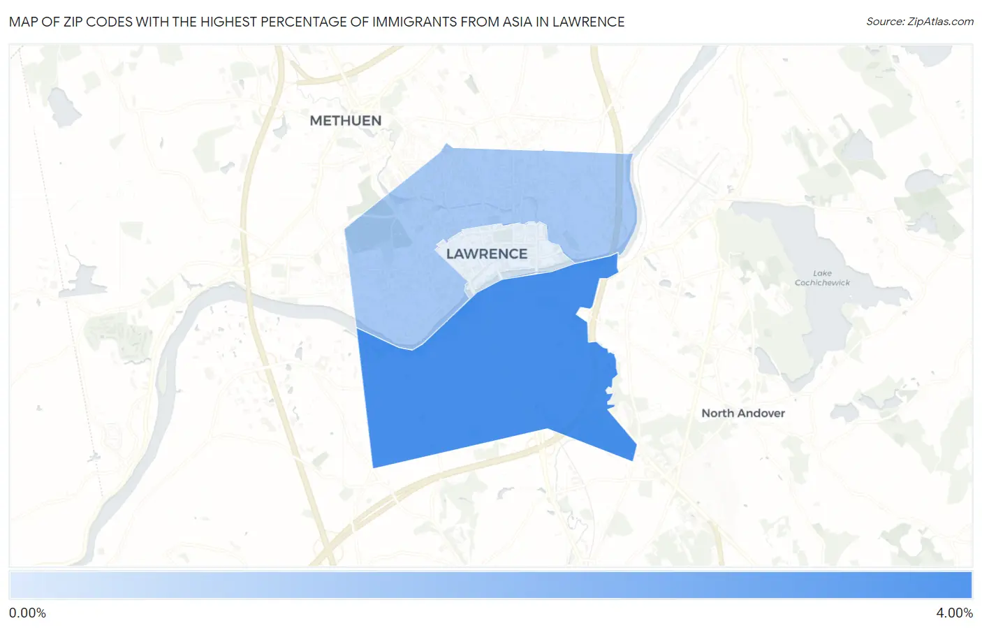 Zip Codes with the Highest Percentage of Immigrants from Asia in Lawrence Map