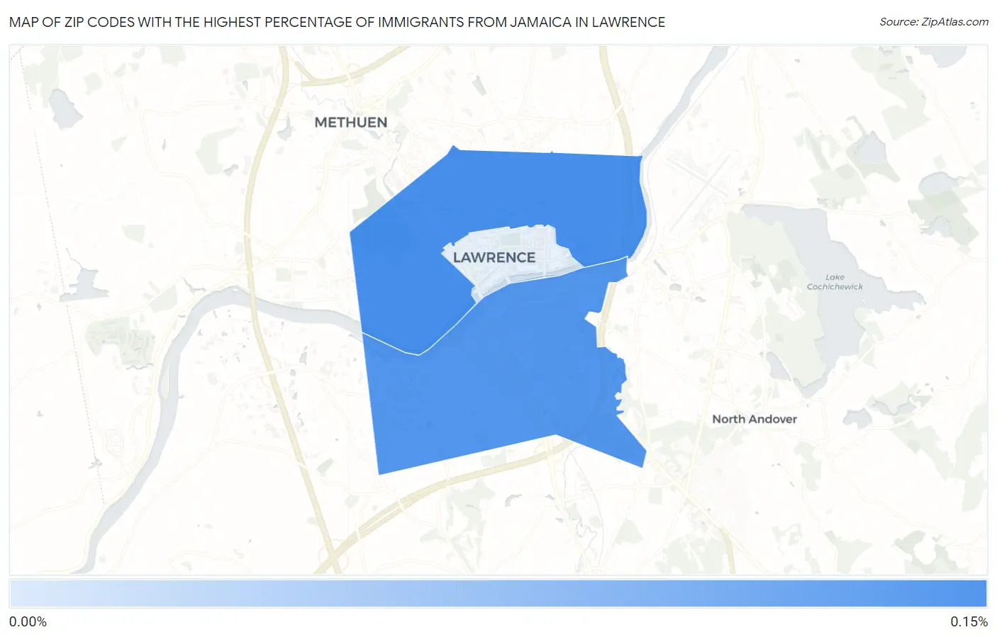 Zip Codes with the Highest Percentage of Immigrants from Jamaica in Lawrence Map