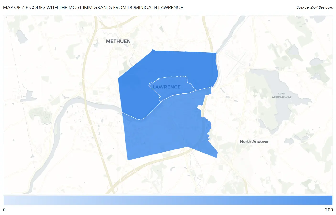 Zip Codes with the Most Immigrants from Dominica in Lawrence Map