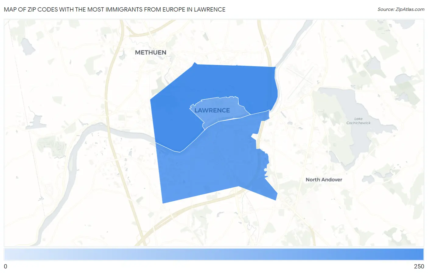 Zip Codes with the Most Immigrants from Europe in Lawrence Map