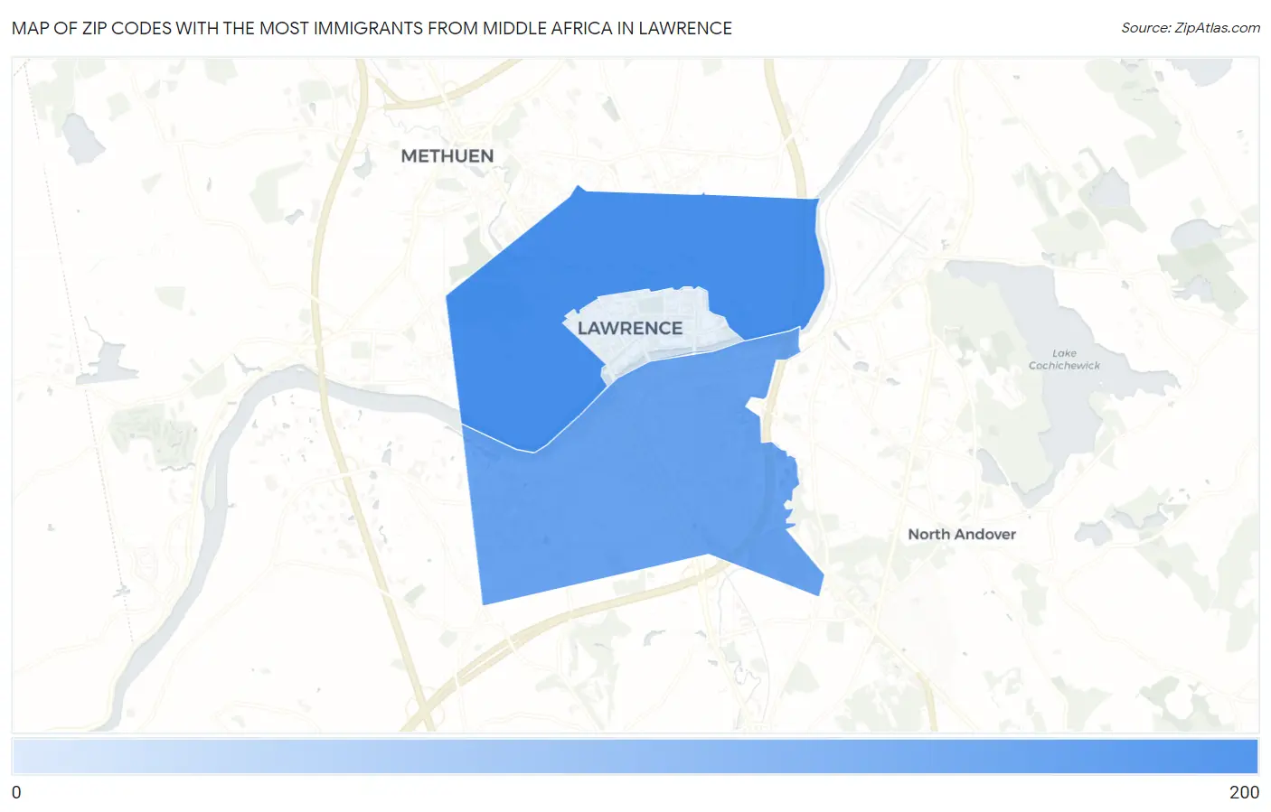 Zip Codes with the Most Immigrants from Middle Africa in Lawrence Map