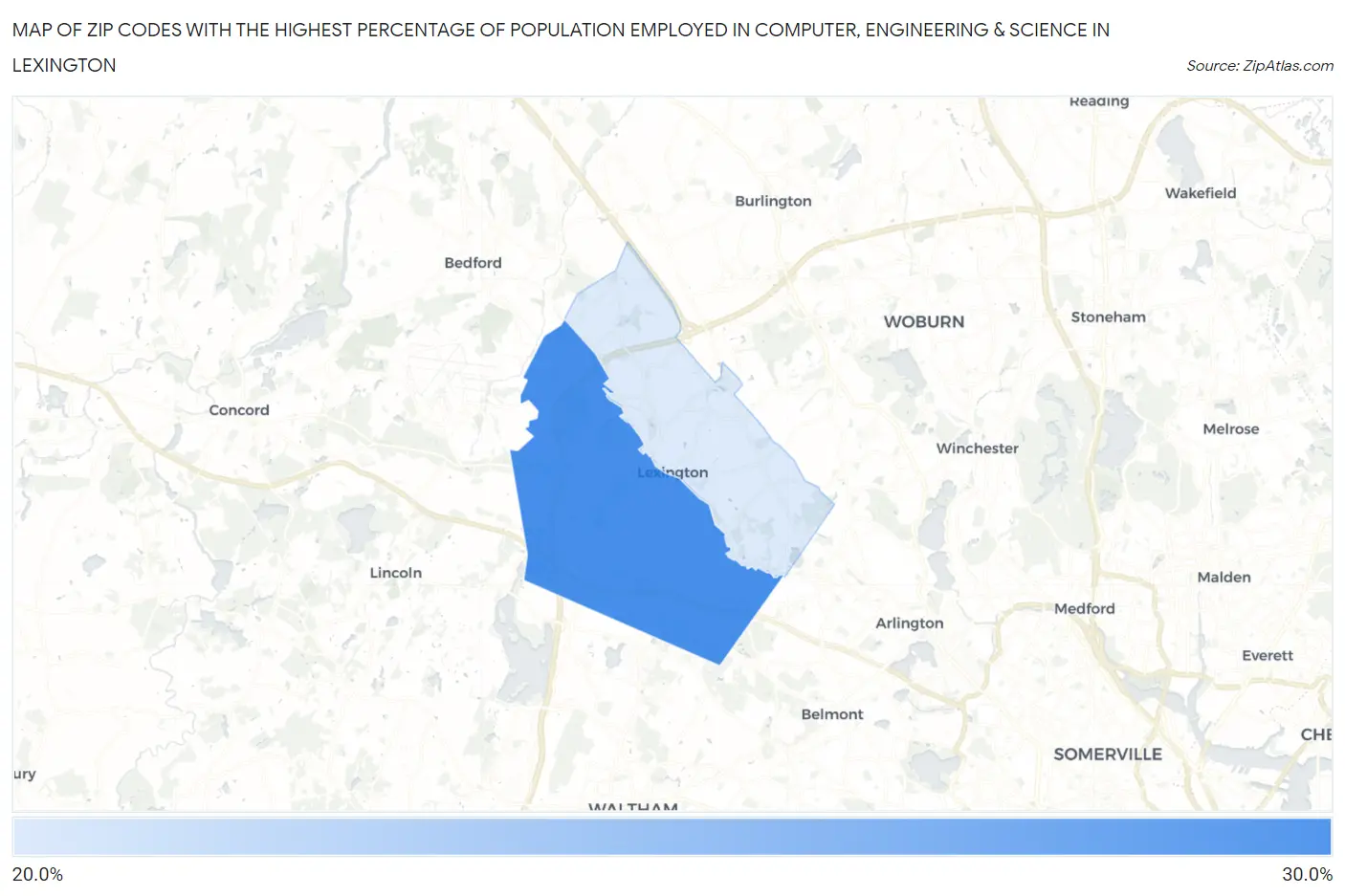 Zip Codes with the Highest Percentage of Population Employed in Computer, Engineering & Science in Lexington Map