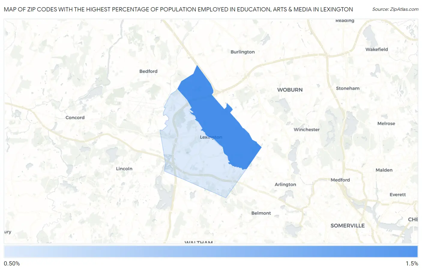 Zip Codes with the Highest Percentage of Population Employed in Education, Arts & Media in Lexington Map