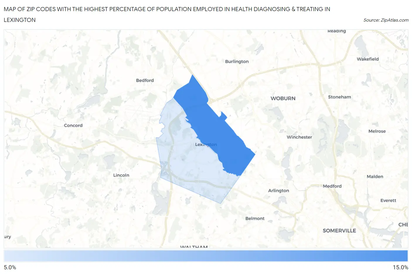 Zip Codes with the Highest Percentage of Population Employed in Health Diagnosing & Treating in Lexington Map