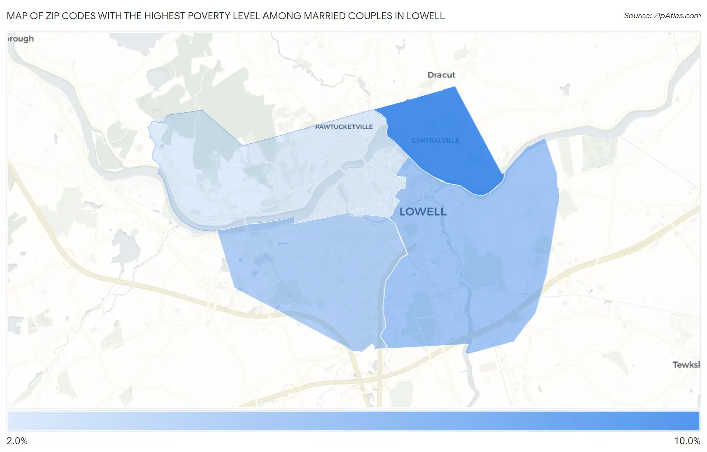 Zip Codes with the Highest Poverty Level Among Married Couples in Lowell Map