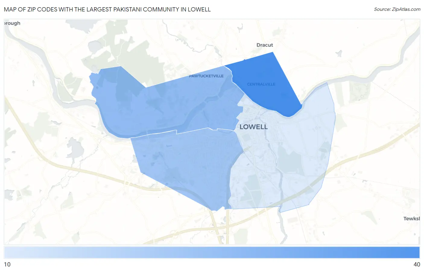 Zip Codes with the Largest Pakistani Community in Lowell Map